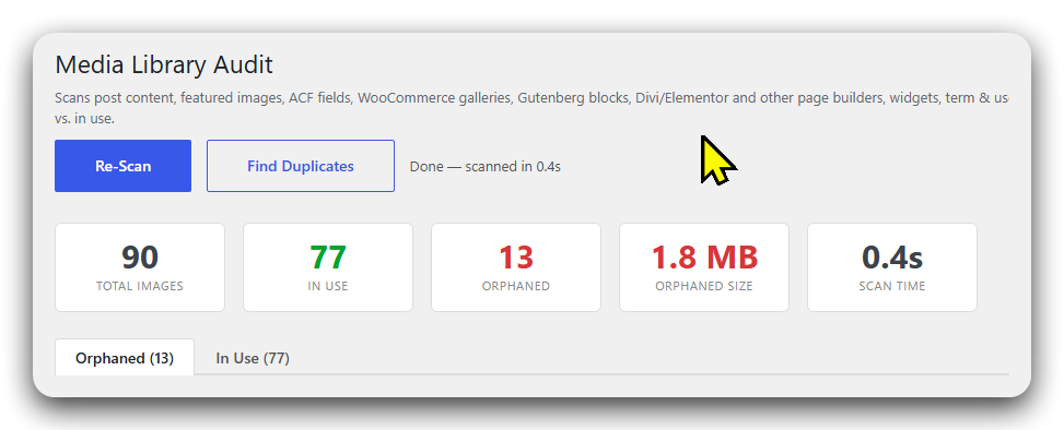 WP Media Audit scan results — 90 images scanned, 77 in use, 13 orphaned, 1.8 MB reclaimable